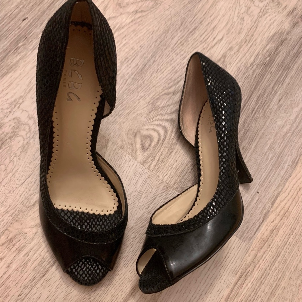 BCBG Paris Black Snakeskin Open Toed Heels